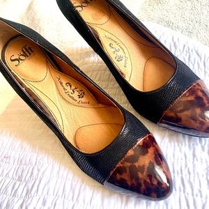 SOFFT Marilla Black/Leopard print pump, leather lining, 8.5 Excellent